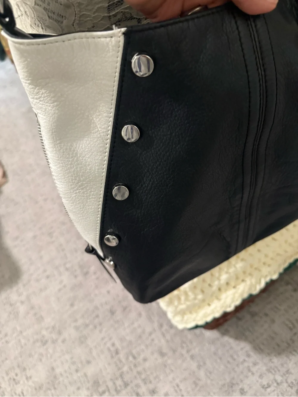 Black and White Studded Leather Hobo Bag by B Makowski